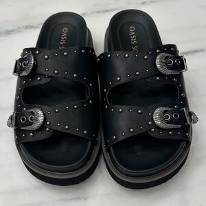 Oasis size 8 Black Studded Slide Sandals.  Like new
